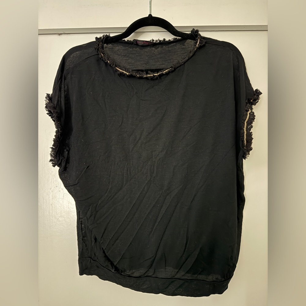 Black Top with Frayed Gold Chain Edge size med